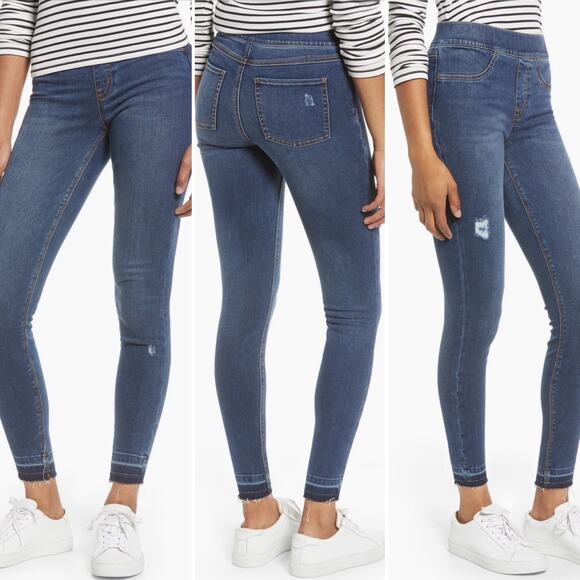 Spanx Pull-On Distressed Jeans Size Medium Frayed Hem Skinny Ankle Denim‎ - Picture 1 of 12